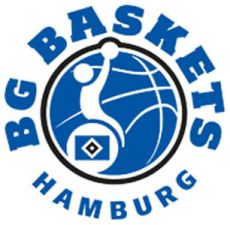 Blaues Partnerlogo von Implays BG Baskets Hamburg mit einem Ball und einer Spielerfigur darin